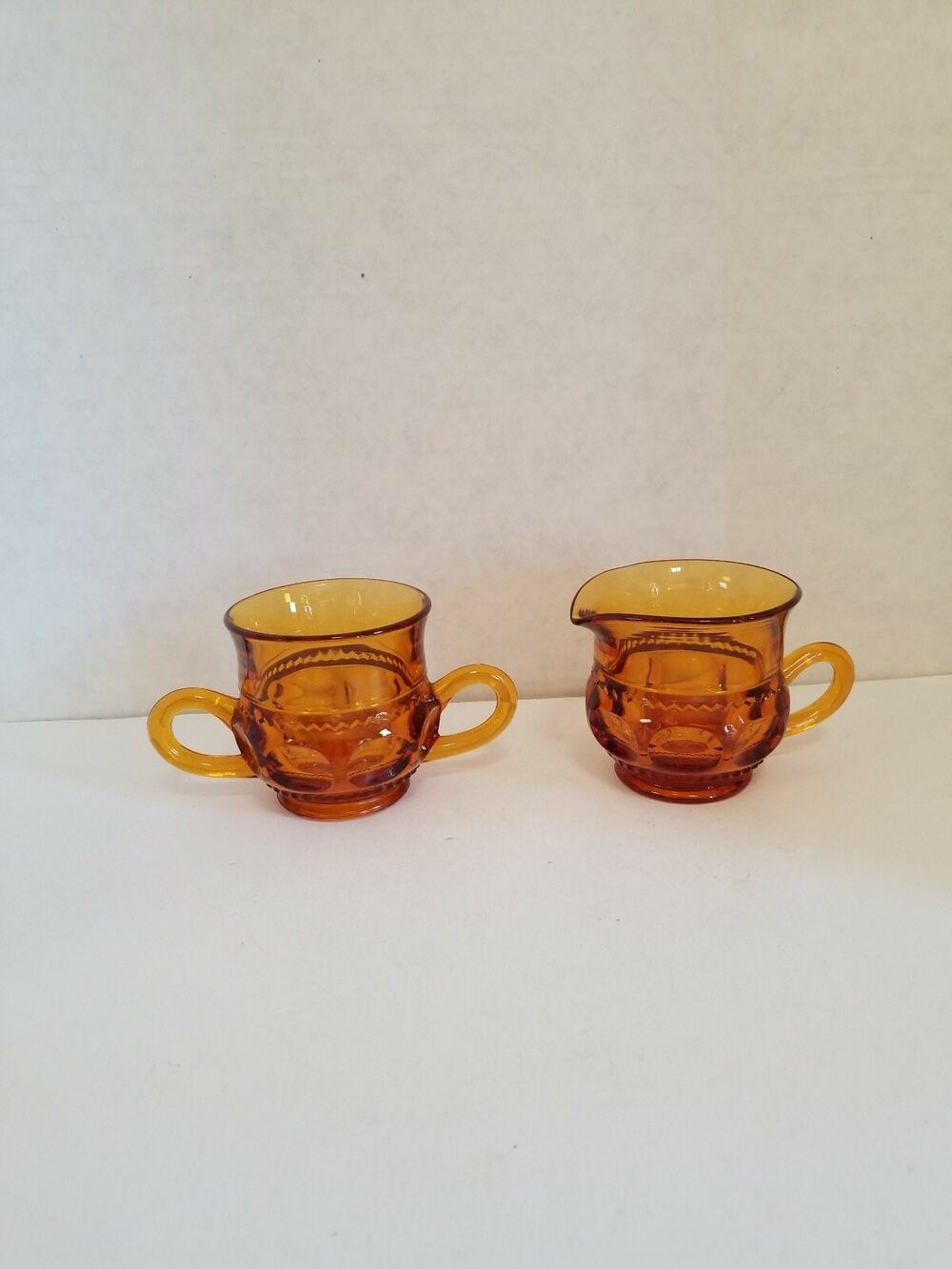 Vtg Indiana Glass Amber Kings Crown Thumbprint Cream And Sugar Set of 2